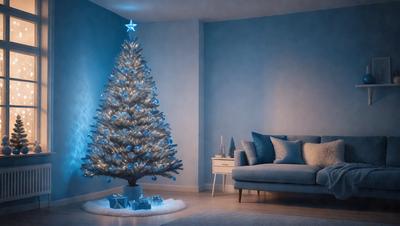 The primary subject of the image is a Christmas tree, which is placed in a living room. The setting is a cozy and festive environment, with a couch and a chair visible in the background. The visual style of the image is a photo, capturing the details of the tree and the room. The colors and mood of the image are predominantly blue, creating a calm and serene atmosphere.